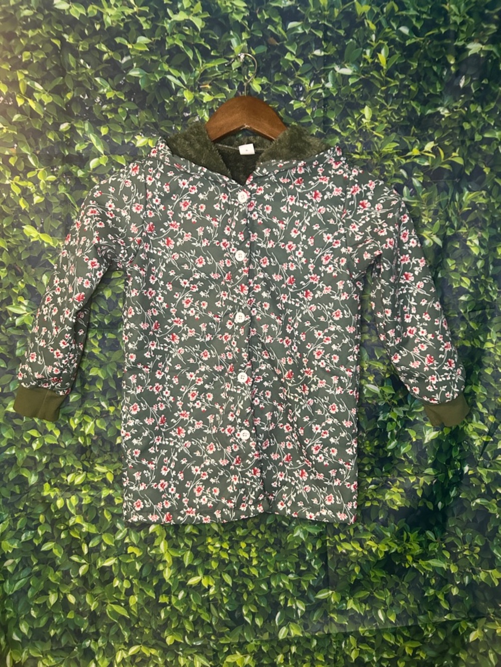 SHEIN Green Floral Hooded Jacket with Pink Accents